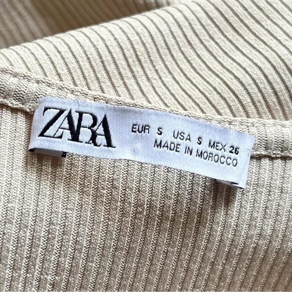 Zara Tan Ribbed Knit Ruched Drawstring Bodycon Dress Size S - Picture 12 of 15